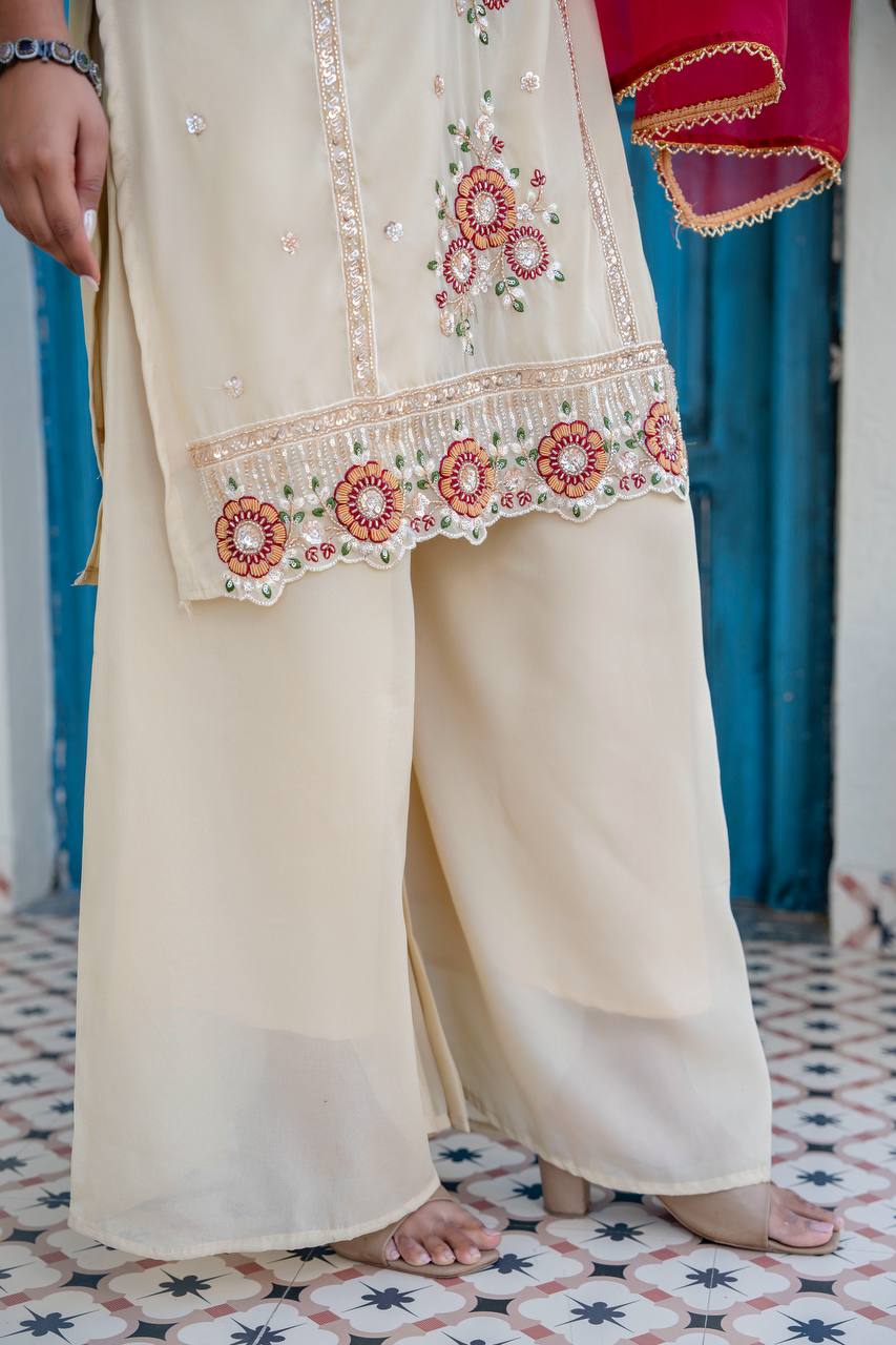 Beige Embroidered Kurti Set with Red Dupatta | Traditional Party Wear Outfit for Women