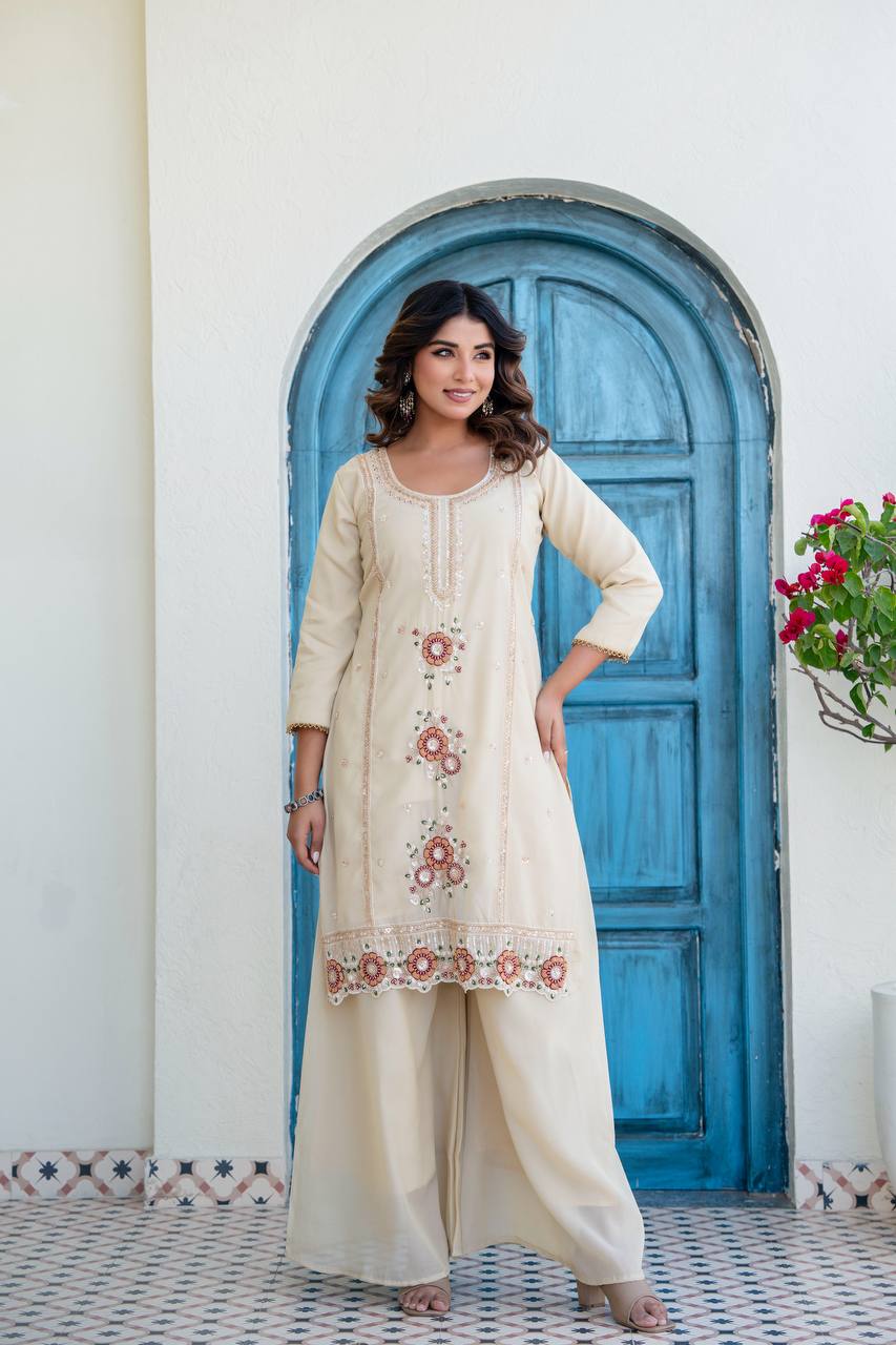 Beige Embroidered Kurti Set with Red Dupatta | Traditional Party Wear Outfit for Women