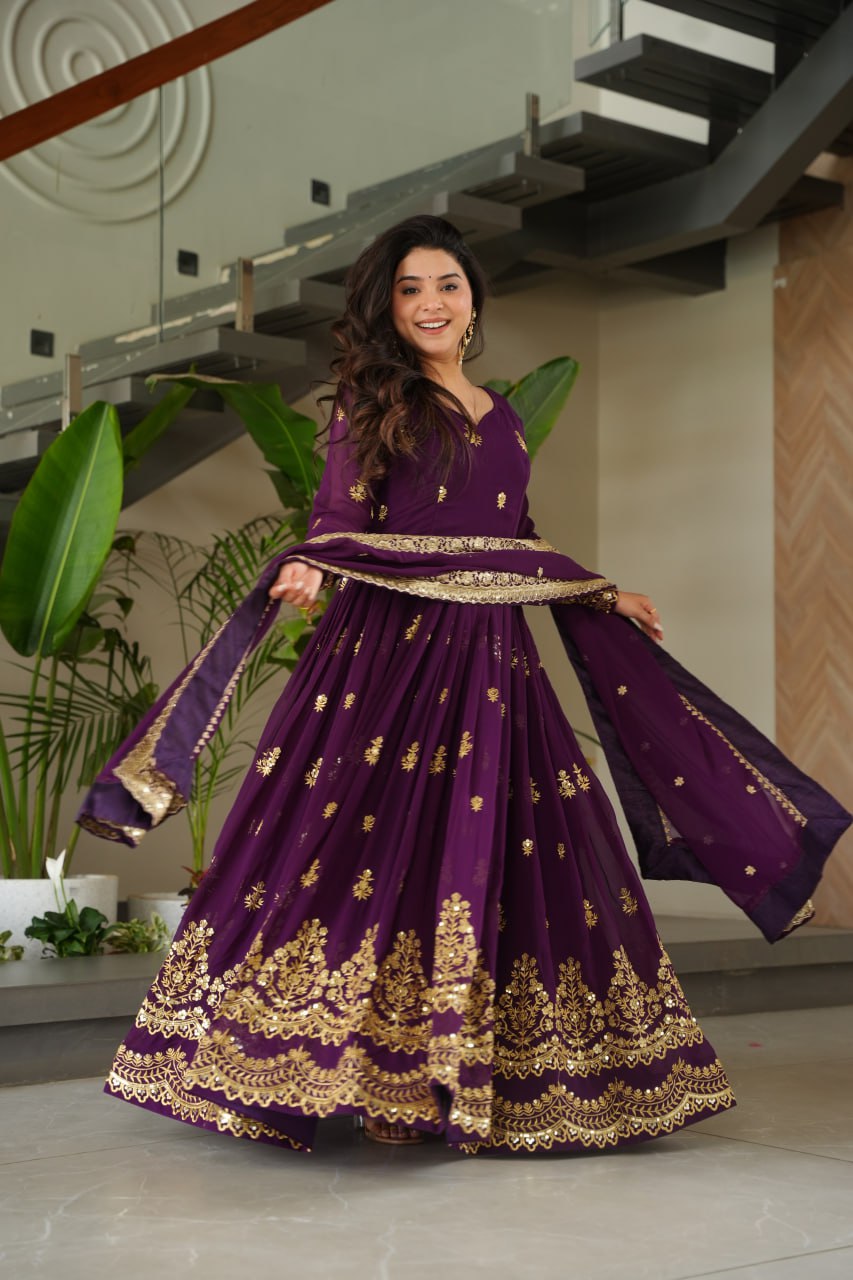 Purple Luxury Faux Blooming Zari & Sequins Embroidered Designer Gown with Matching Dupatta