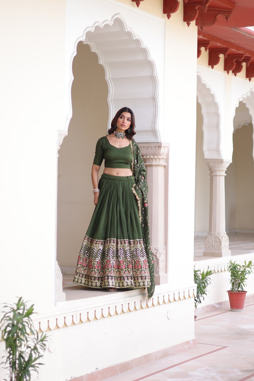 Maroon Elegant Vichitra Silk Sequins & Thread Embroidered Lehenga Set with Designer Lace Dupatta