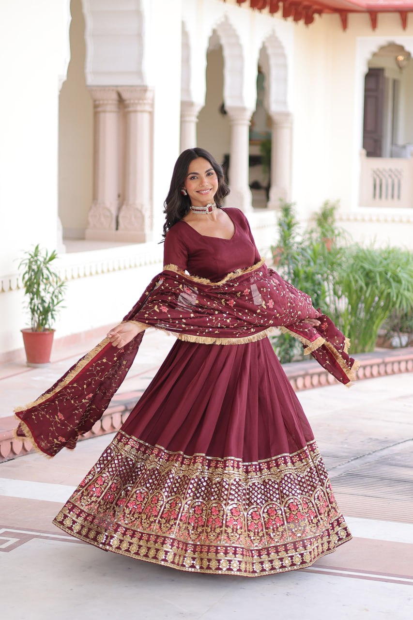 Maroon Elegant Vichitra Silk Sequins & Thread Embroidered Lehenga Set with Designer Lace Dupatta