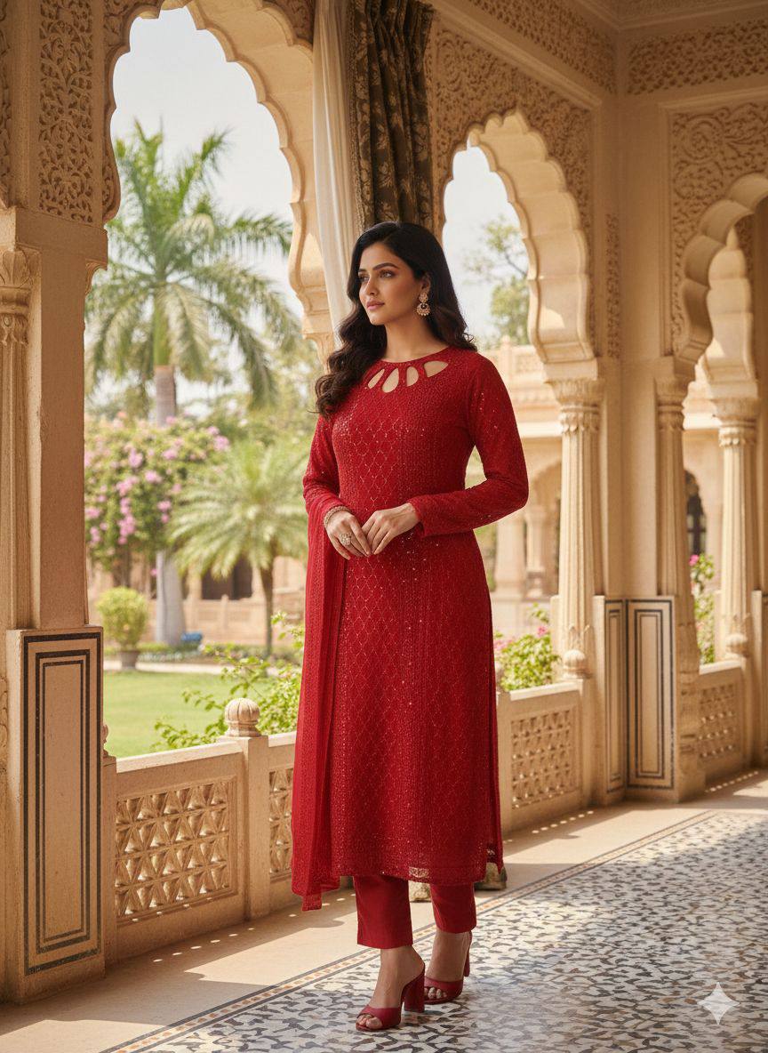 Red Embroidered Kurti Pant Set with Dupatta for Women | Designer Festive & Party Wear Ethnic Suit