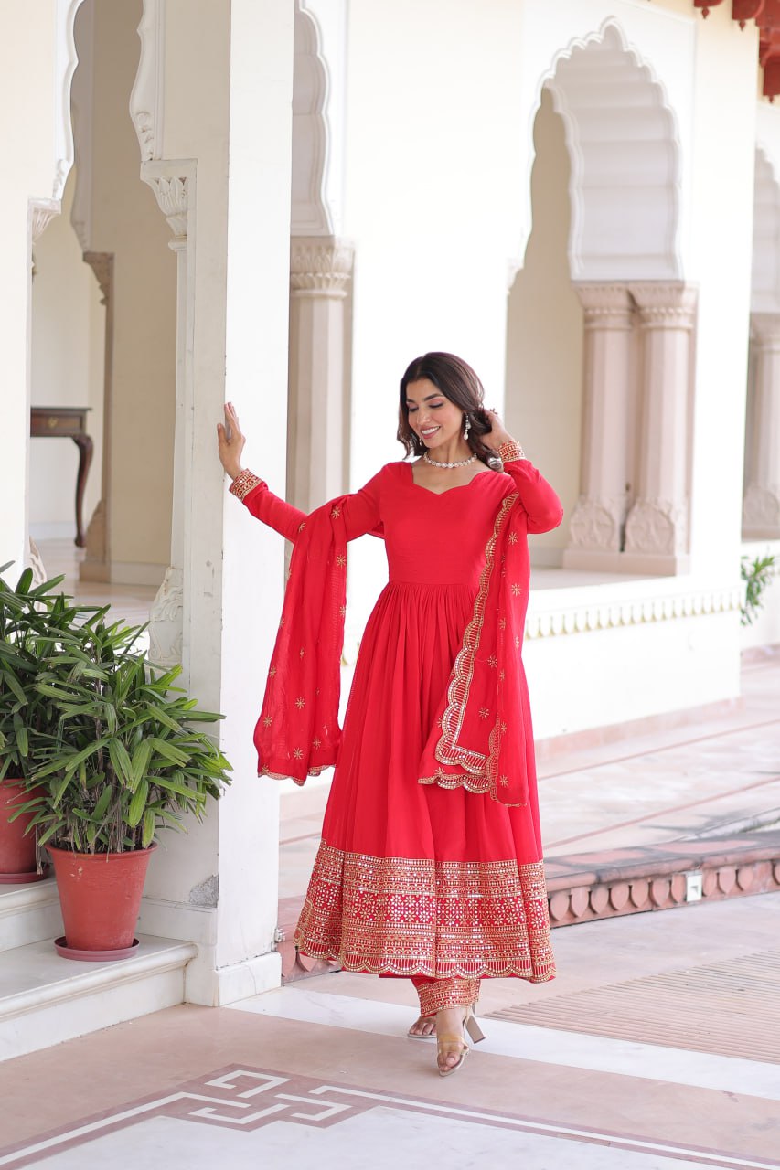 Red Vichitra Silk Embroidered Gown Set with Sequins Work, Dupatta & Bottom – Full Sleeves, Fancy V-Neck, 3-Meter Flair