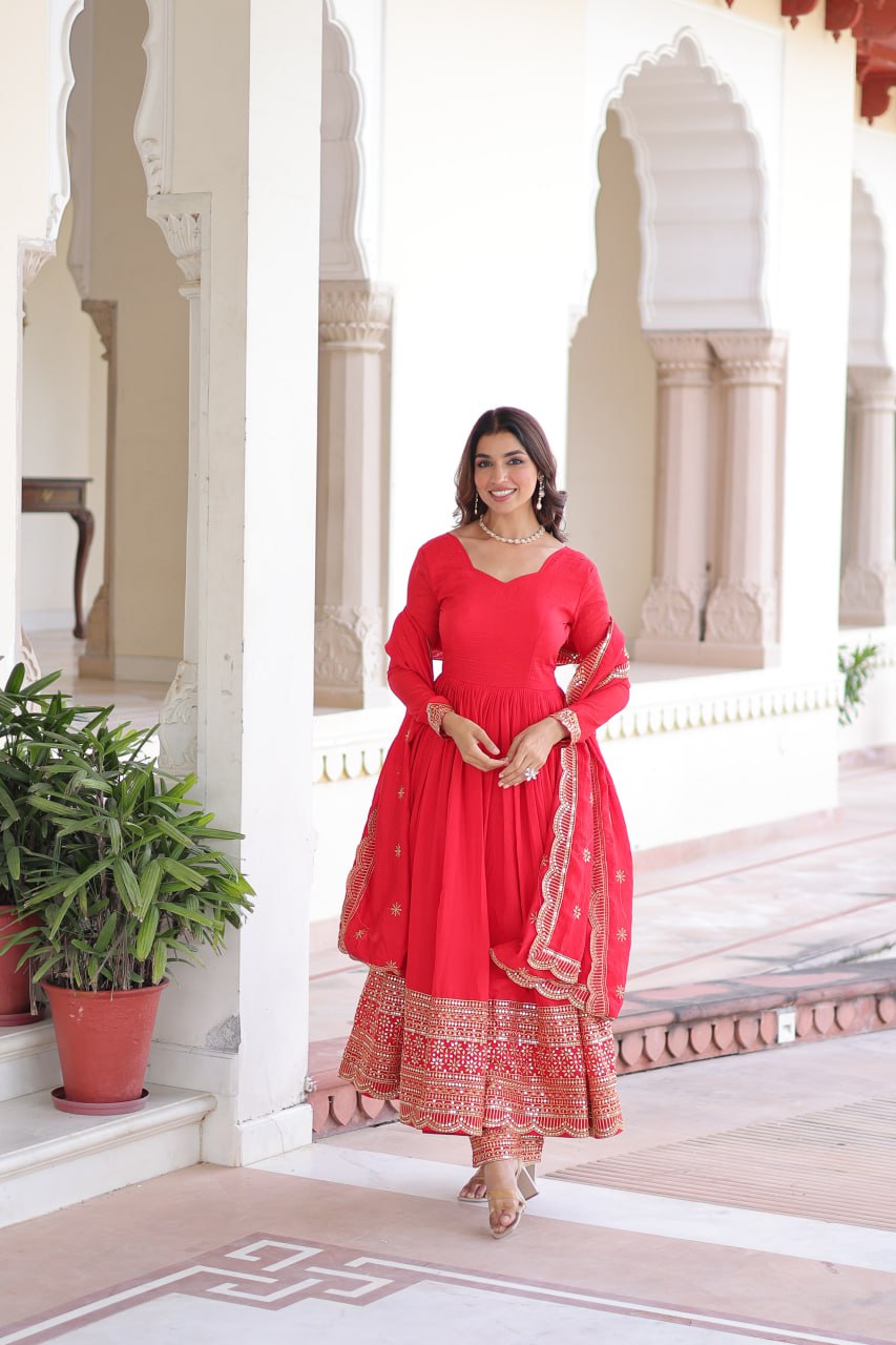 Red Vichitra Silk Embroidered Gown Set with Sequins Work, Dupatta & Bottom – Full Sleeves, Fancy V-Neck, 3-Meter Flair