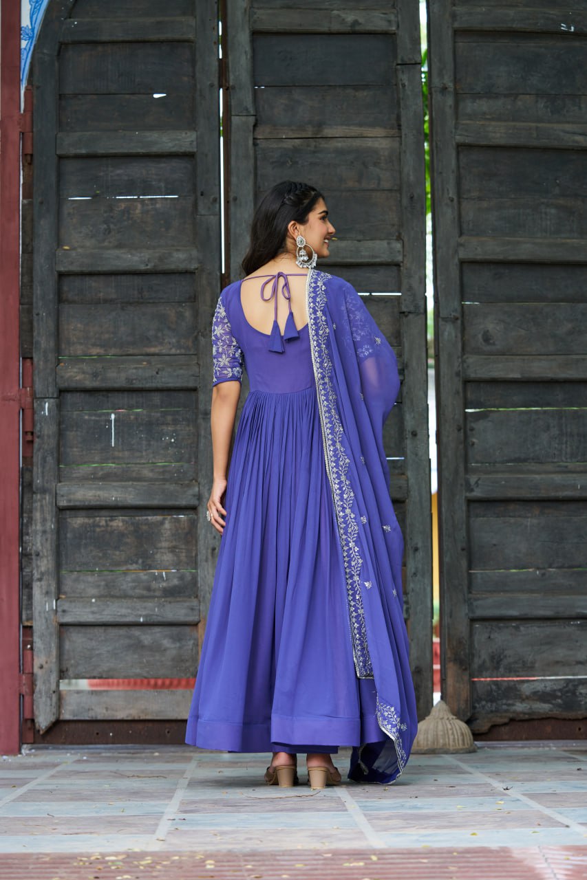 Purple Premium Faux Blooming Sequins & Multithread Beads Embroidered Gown with Designer Dupatta