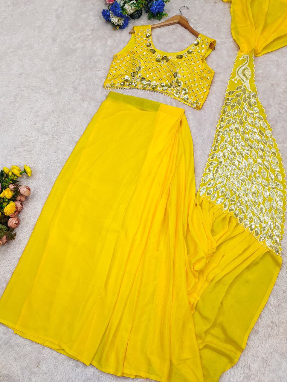 Elegant Mustard Yellow Designer Drape Saree with Heavy Embroidery