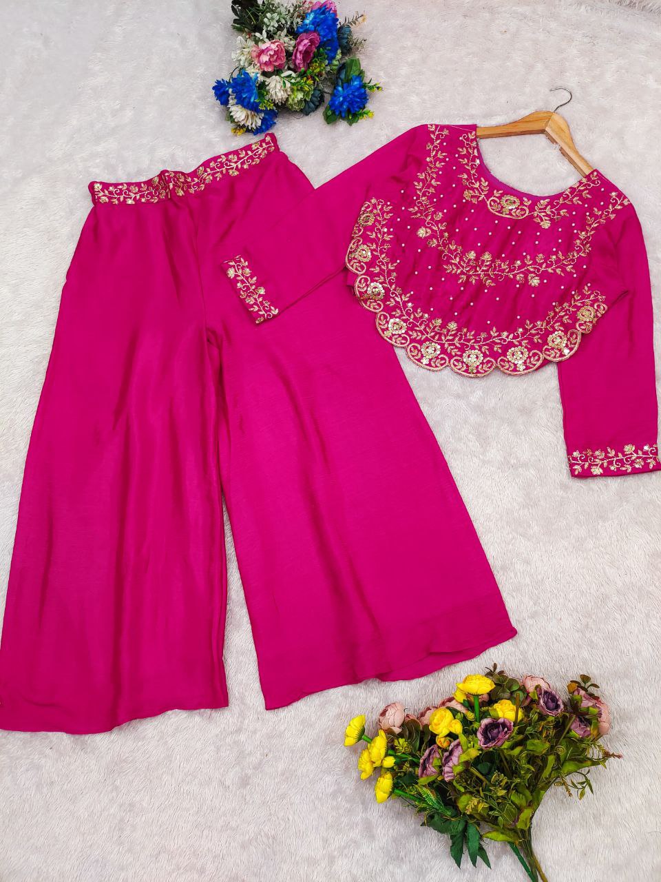 Stylish Pink Festive Wear Palazzo Set with Heavy Embroidery Work