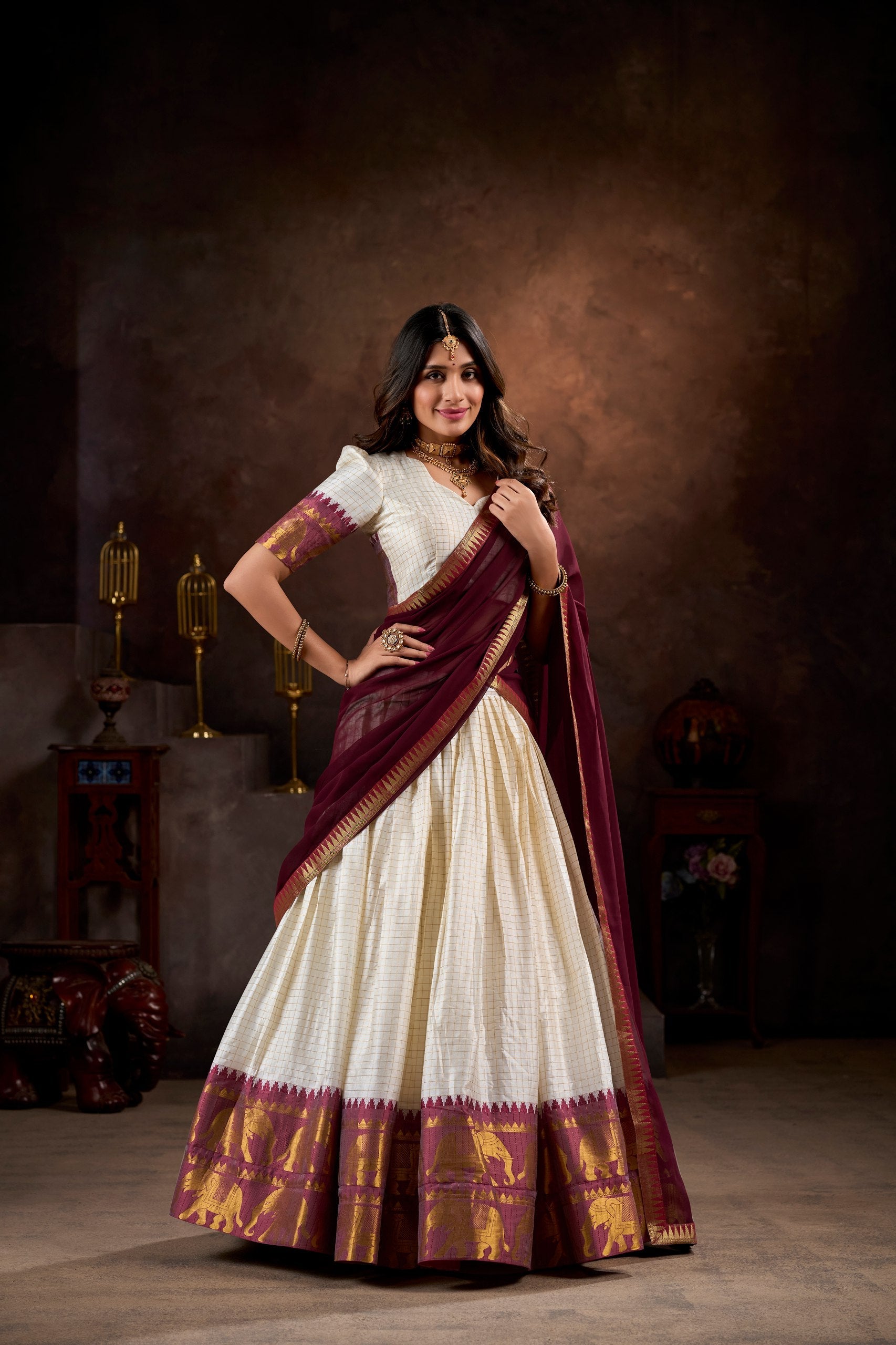 Elegant Cream Lehenga Choli with Maroon Dupatta – Traditional Wear