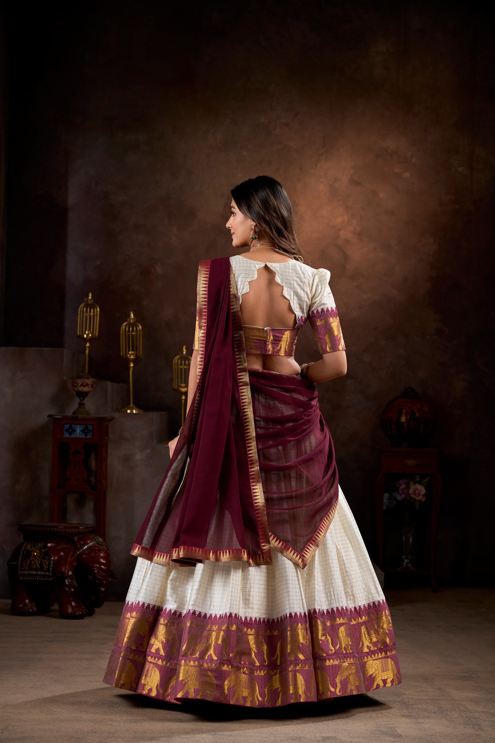 Elegant Cream Lehenga Choli with Maroon Dupatta – Traditional Wear
