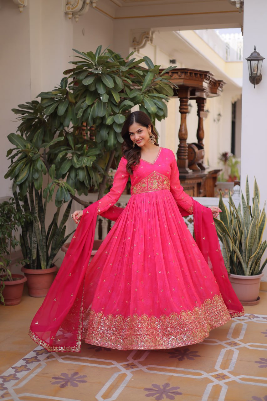 Pink Embroidered Anarkali Gown with Dupatta for Women | Designer Party Wear Ethnic Dress