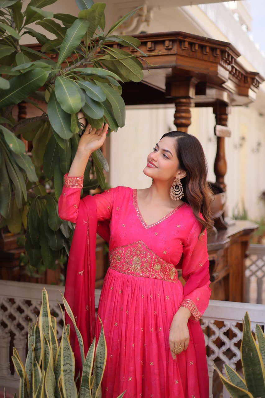 Pink Embroidered Anarkali Gown with Dupatta for Women | Designer Party Wear Ethnic Dress