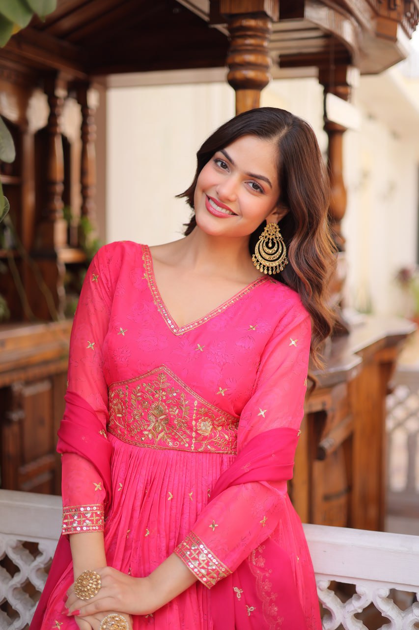 Pink Embroidered Anarkali Gown with Dupatta for Women | Designer Party Wear Ethnic Dress
