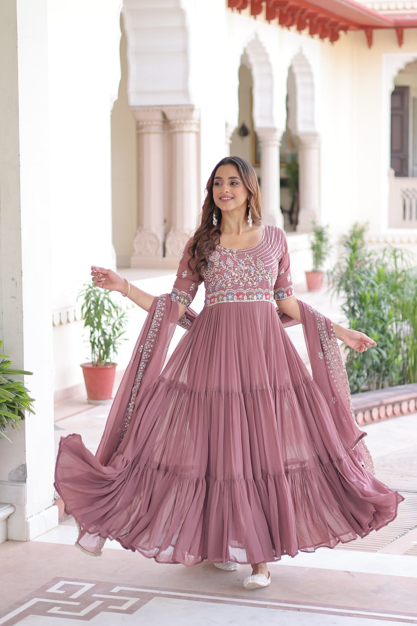Faux Blooming Gown Heavy Sequins And Multithreaded Beads Embroidery With Dupatta Stylish Floor Length Dress
