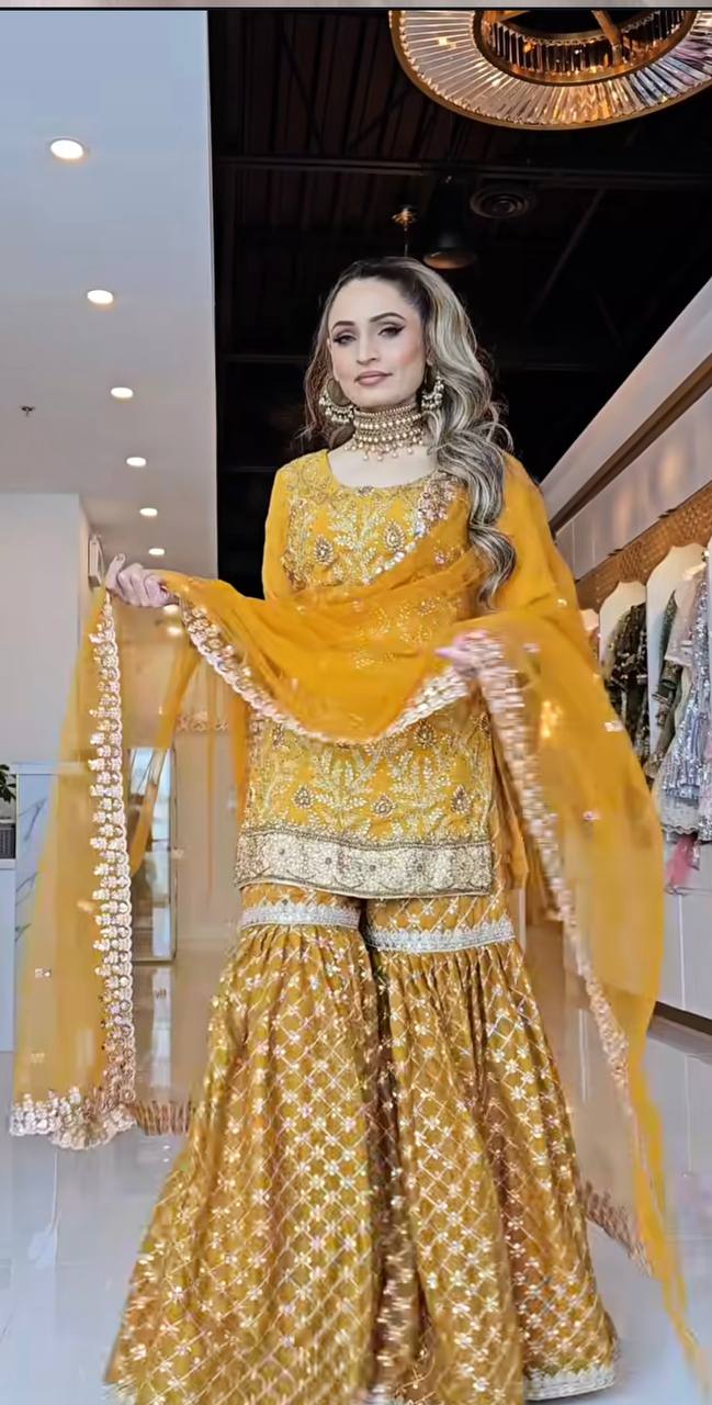 Mustard Yellow Sharara Suit Set for Women with Dupatta | Designer Embroidered Festive & Wedding Wear Outfit