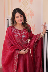Women’s Embroidered Anarkali Gown Set with Dupatta – Purple & Maroon Festive Wear - Red