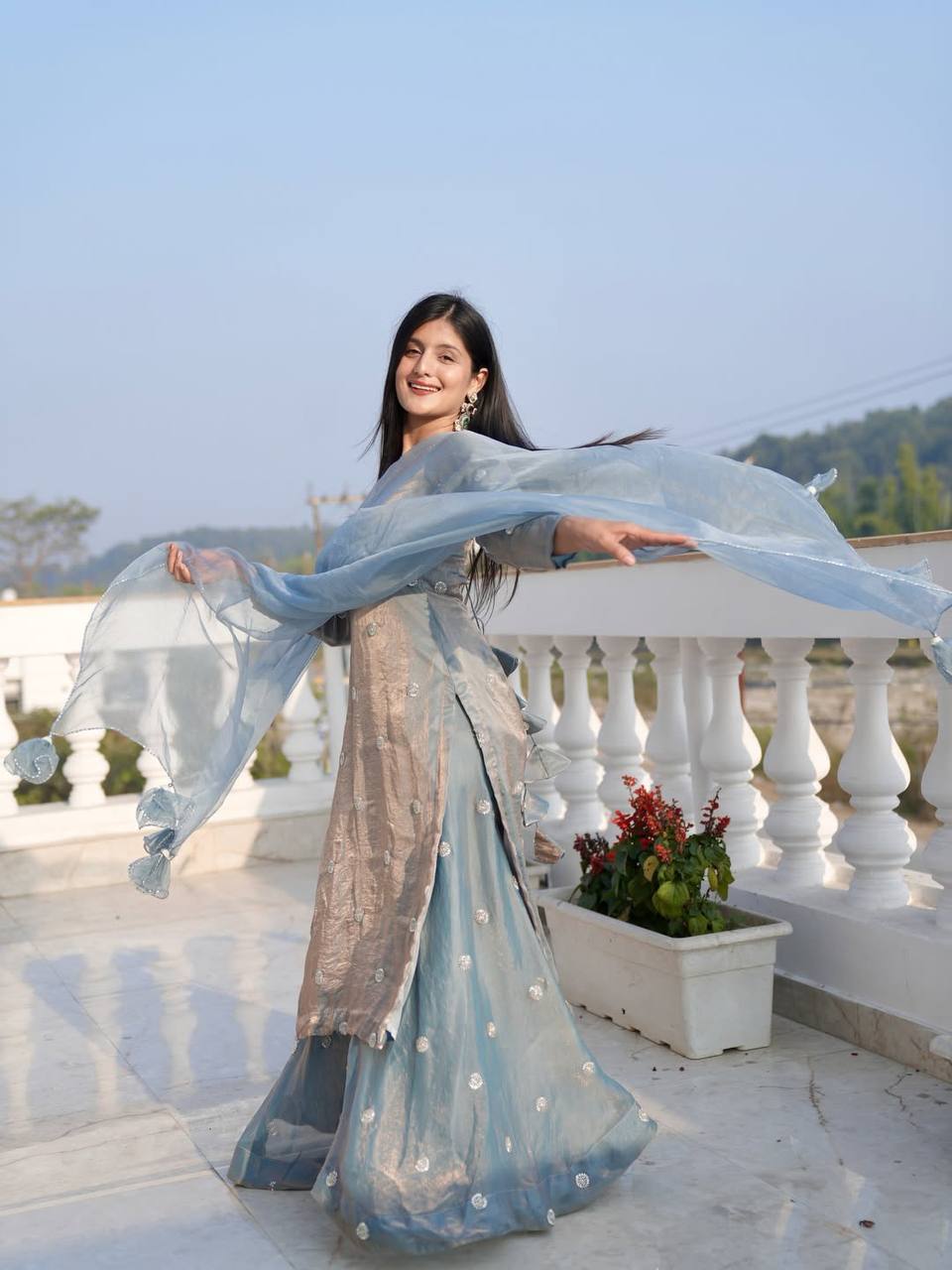Stylish Organza Kurta Set with Dupatta | Soft Elegant Party Wear Suit for Women (Blue
