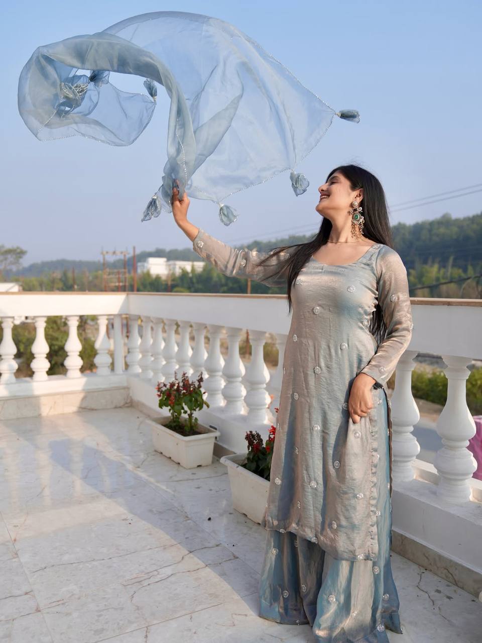 Stylish Organza Kurta Set with Dupatta | Soft Elegant Party Wear Suit for Women (Blue