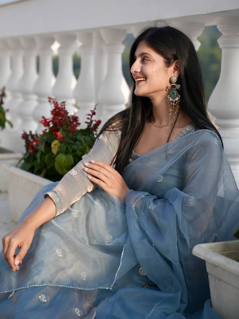 Stylish Organza Kurta Set with Dupatta | Soft Elegant Party Wear Suit for Women (Blue