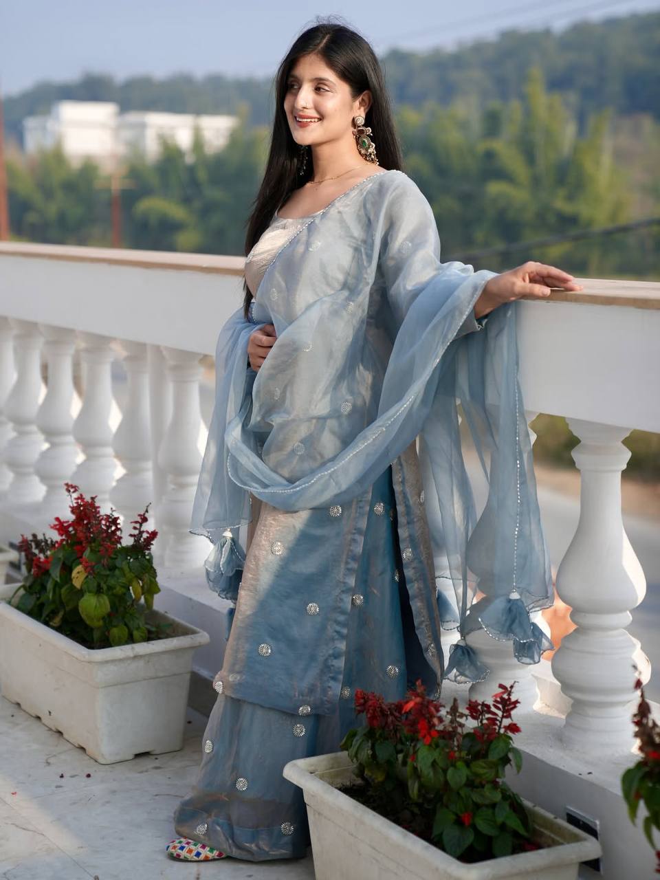 Stylish Organza Kurta Set with Dupatta | Soft Elegant Party Wear Suit for Women (Blue