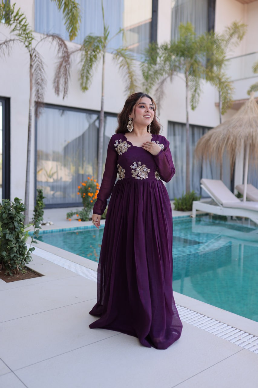 Designer Embroidered Anarkali Gown for Women – Purple & Green Party Wear