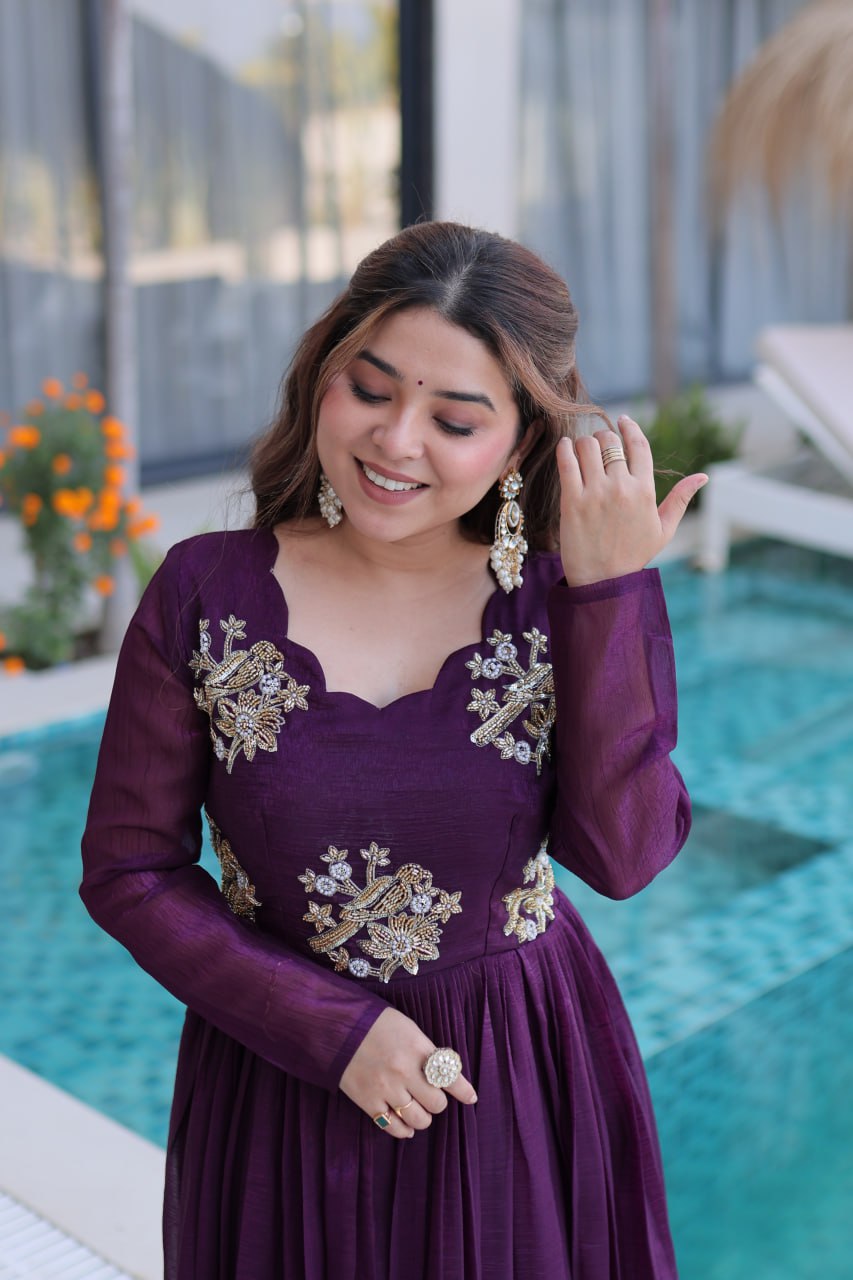 Designer Embroidered Anarkali Gown for Women – Purple & Green Party Wear
