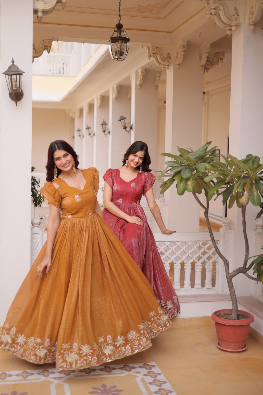 Elegant Anarkali Gown for Women – Mustard & Maroon Wedding Wear Dress