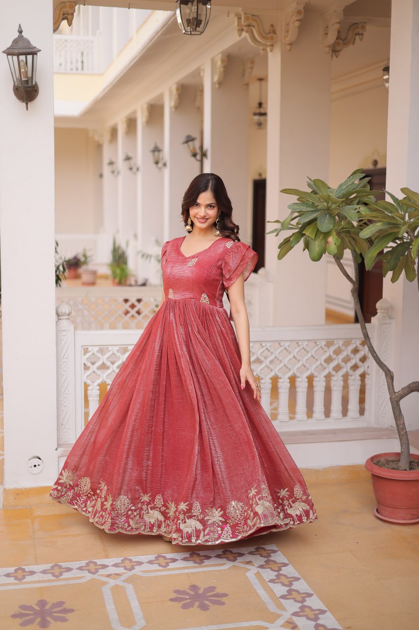 Elegant Anarkali Gown for Women – Mustard & Maroon Wedding Wear Dress