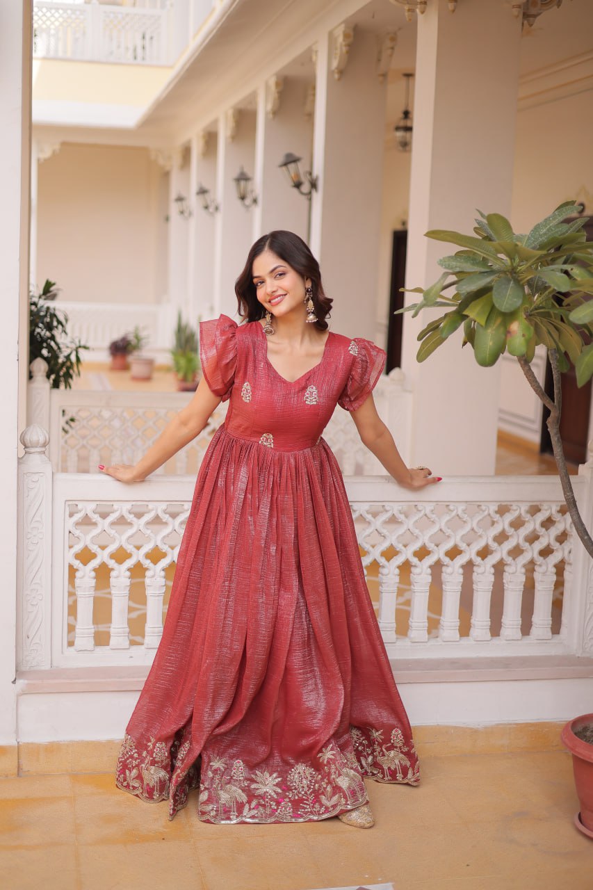 Elegant Anarkali Gown for Women – Mustard & Maroon Wedding Wear Dress