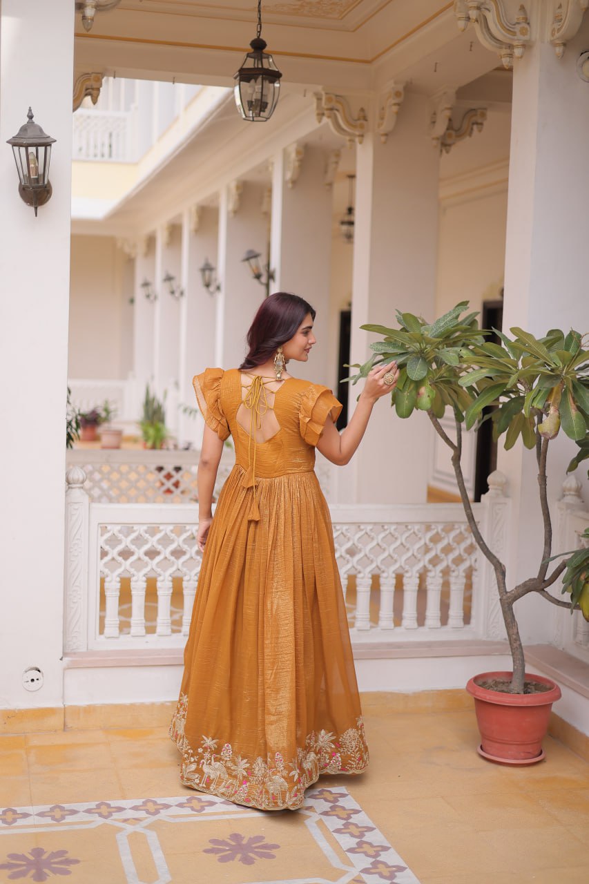 Elegant Anarkali Gown for Women – Mustard & Maroon Wedding Wear Dress