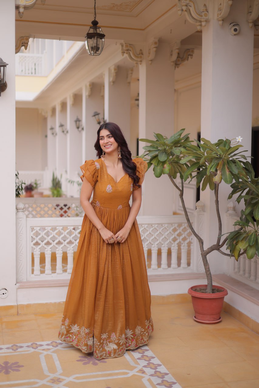 Elegant Anarkali Gown for Women – Mustard & Maroon Wedding Wear Dress