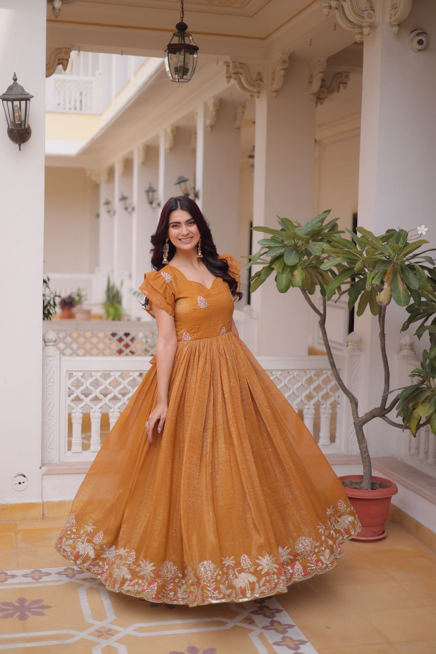 Elegant Anarkali Gown for Women – Mustard & Maroon Wedding Wear Dress
