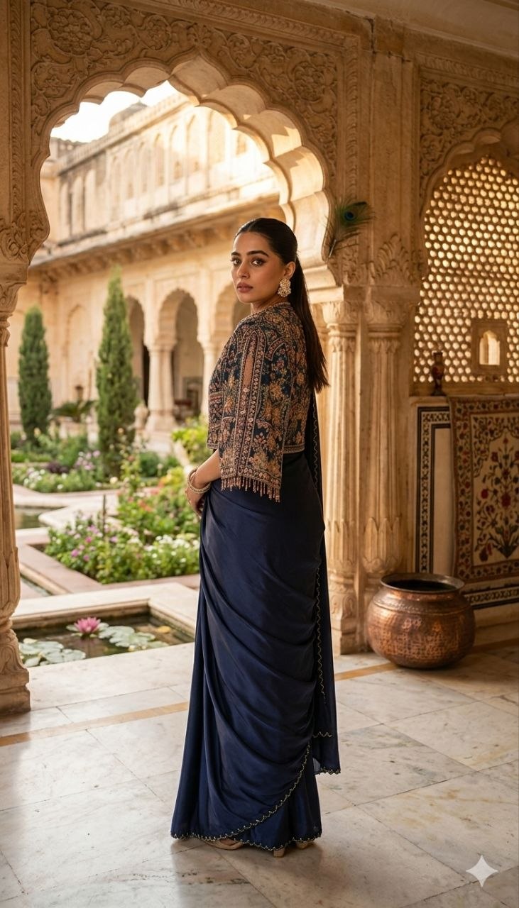 Royal Navy Blue Saree with Heavy Embroidered Designer Jacket