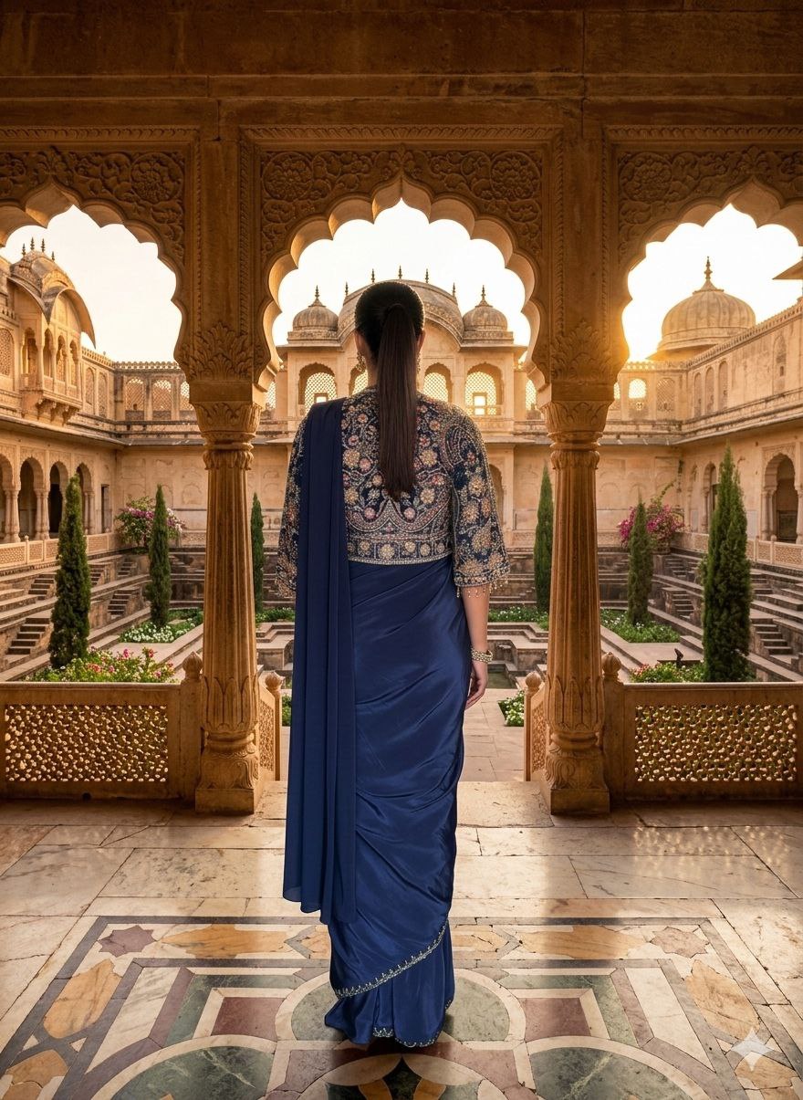 Royal Navy Blue Saree with Heavy Embroidered Designer Jacket