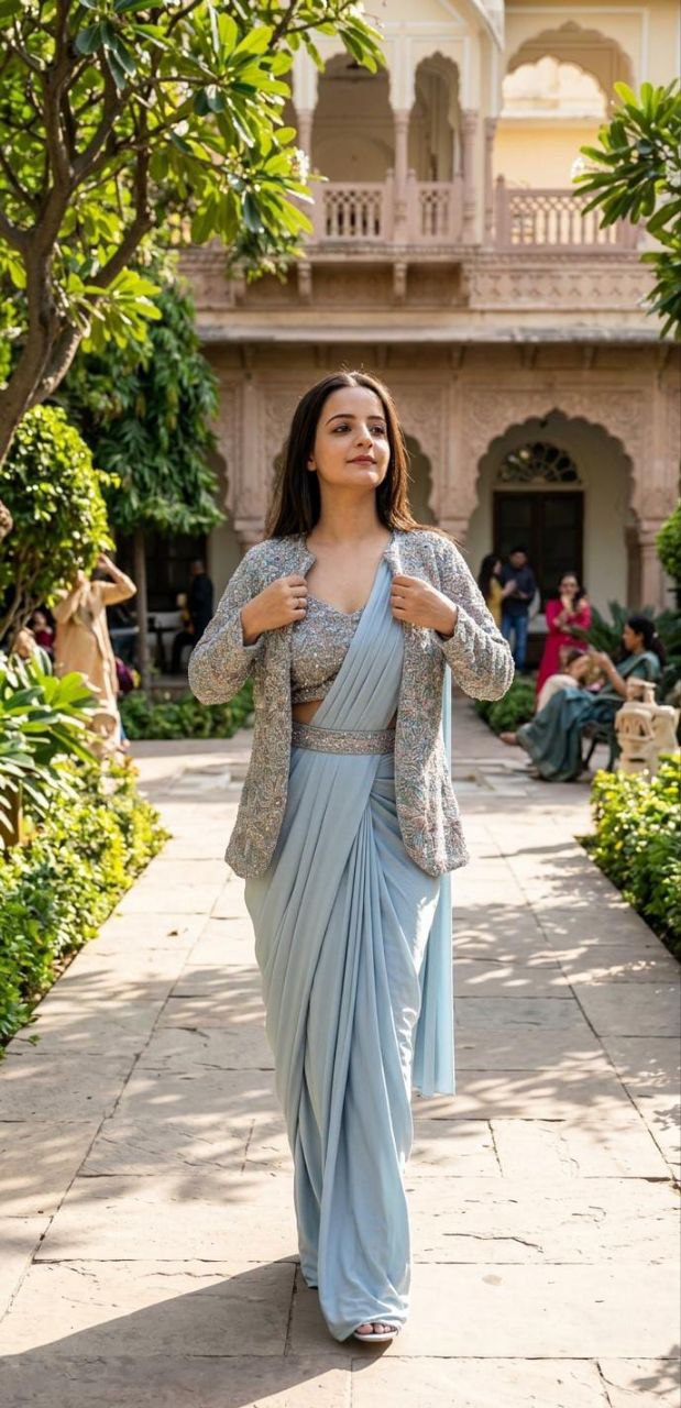Graceful Powder Blue Saree with Embellished Jacket Style Look