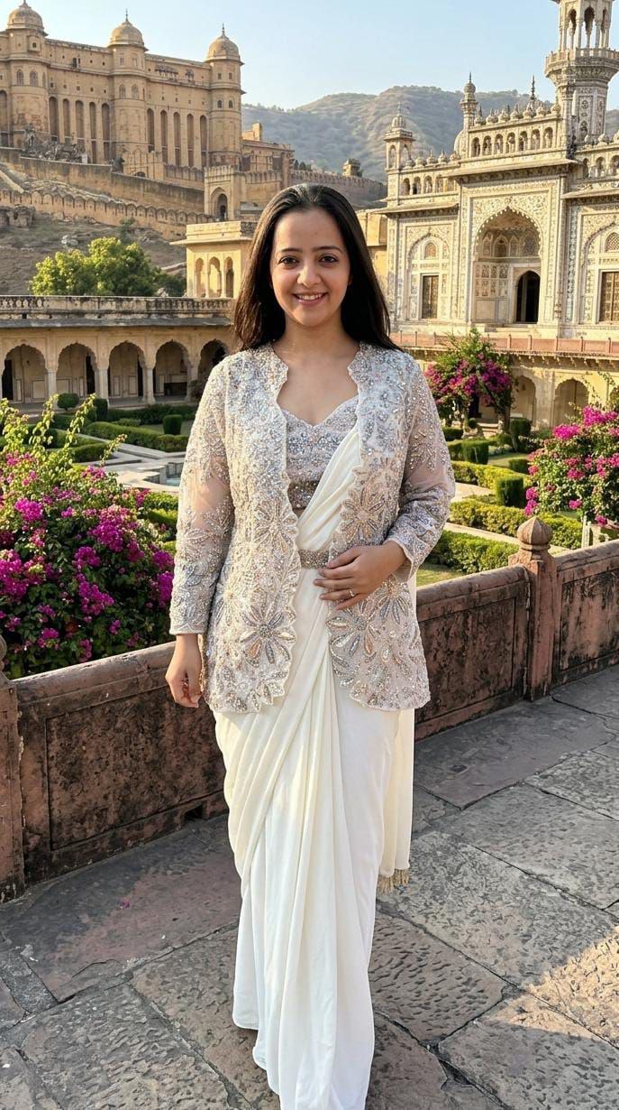 Graceful Powder Blue Saree with Embellished Jacket Style Look