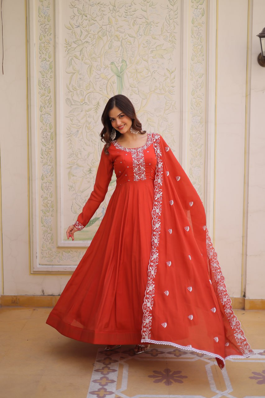 Elegant Red Anarkali Gown with Embroidered Dupatta – Festive & Wedding Wear