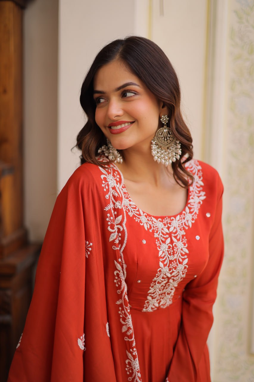 Elegant Red Anarkali Gown with Embroidered Dupatta – Festive & Wedding Wear