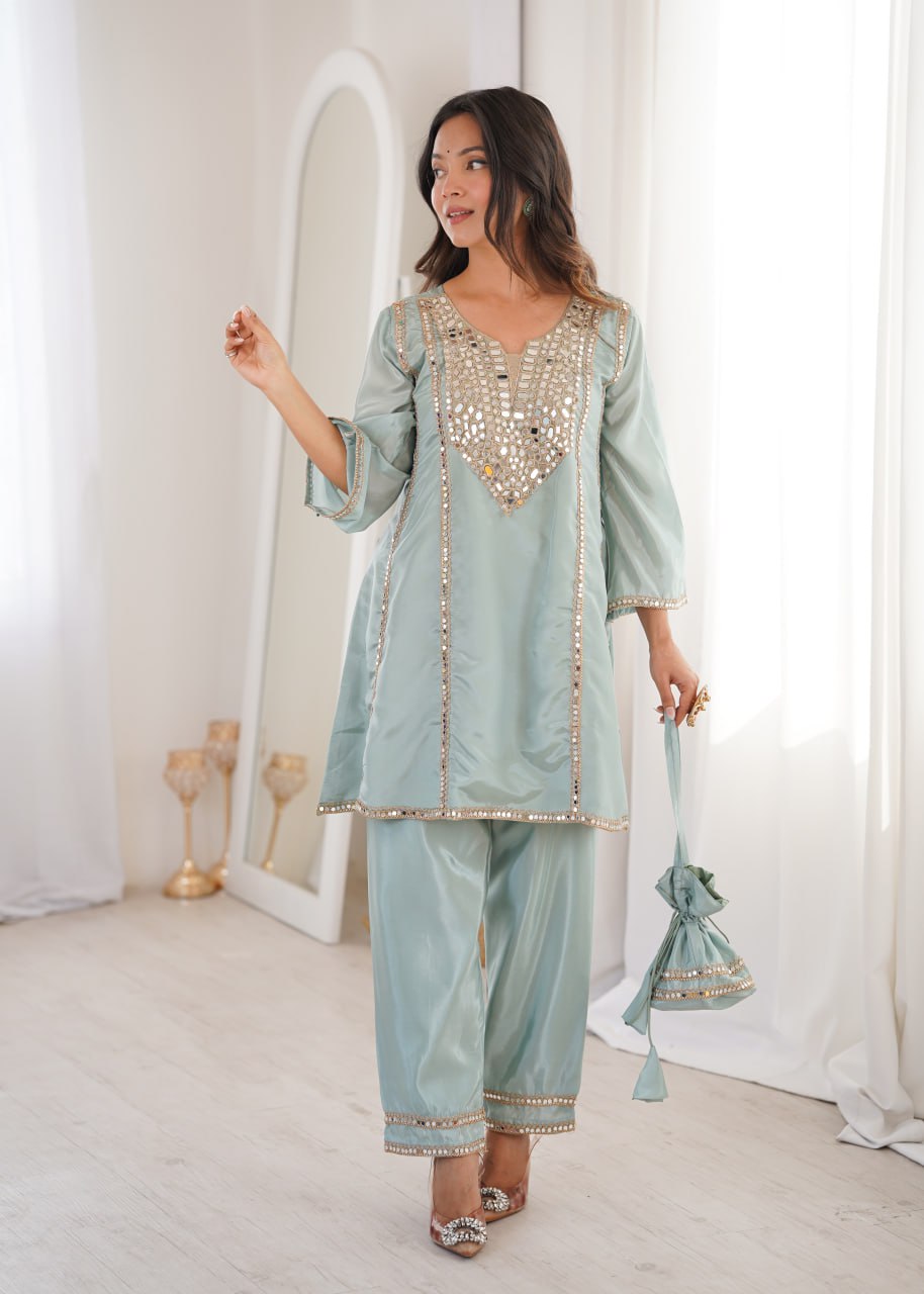 Elegant Mirror Work Kurti Pant Set for Women – Mint Green & Blush Pink Outfit