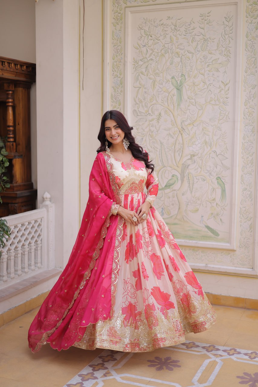 Designer Floral Anarkali Gown with Embroidered Border & Dupatta for Women
