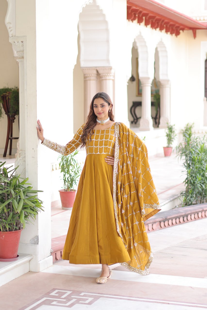 Mustard Vichitra Sequins & Zari Embroidered Gown with 4.2-Meter Flair & Matching Embroidered Dupatta