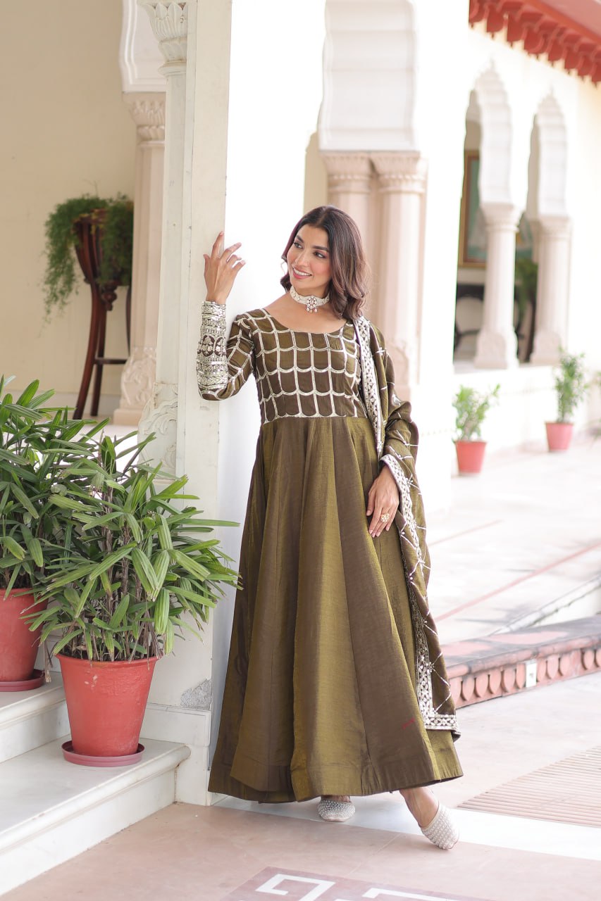 Mustard Vichitra Sequins & Zari Embroidered Gown with 4.2-Meter Flair & Matching Embroidered Dupatta