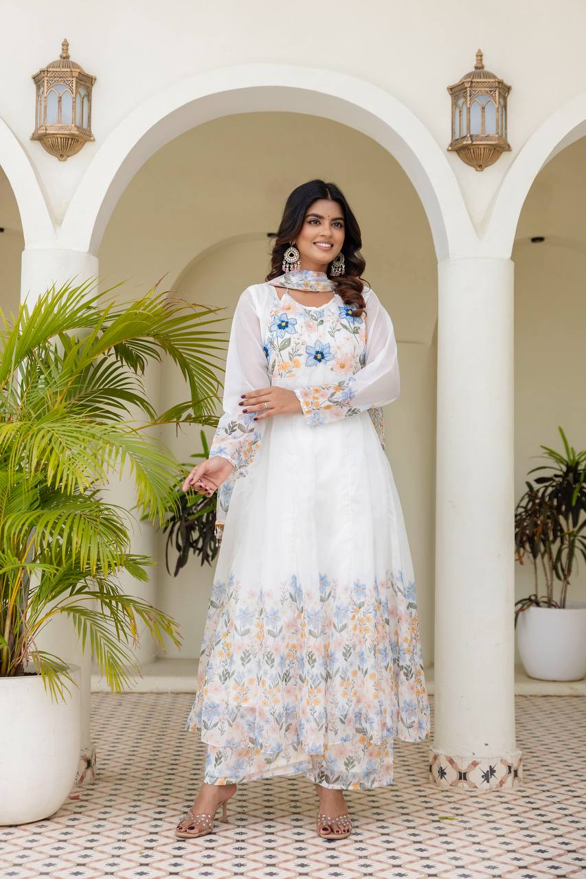 Elegant Floral Printed Anarkali Kurta Set with Dupatta | Designer Ethnic Wear for Women
