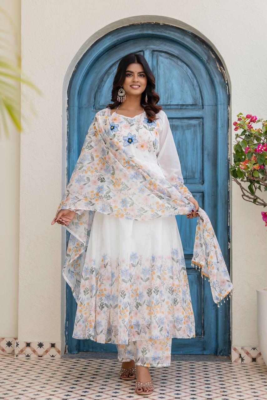 Elegant Floral Printed Anarkali Kurta Set with Dupatta | Designer Ethnic Wear for Women