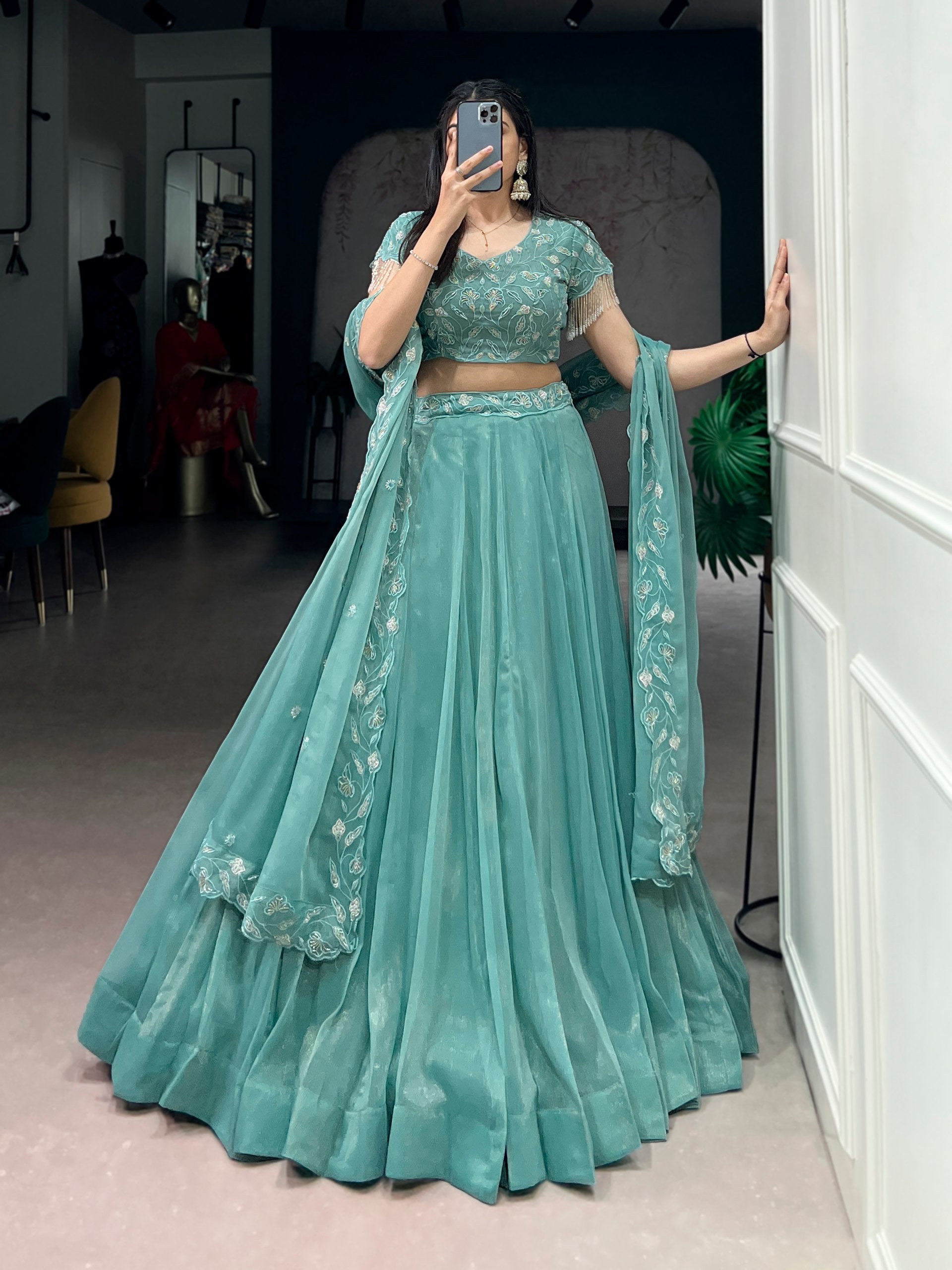 Elegant Sea Green Lehenga Choli with Embroidered Dupatta