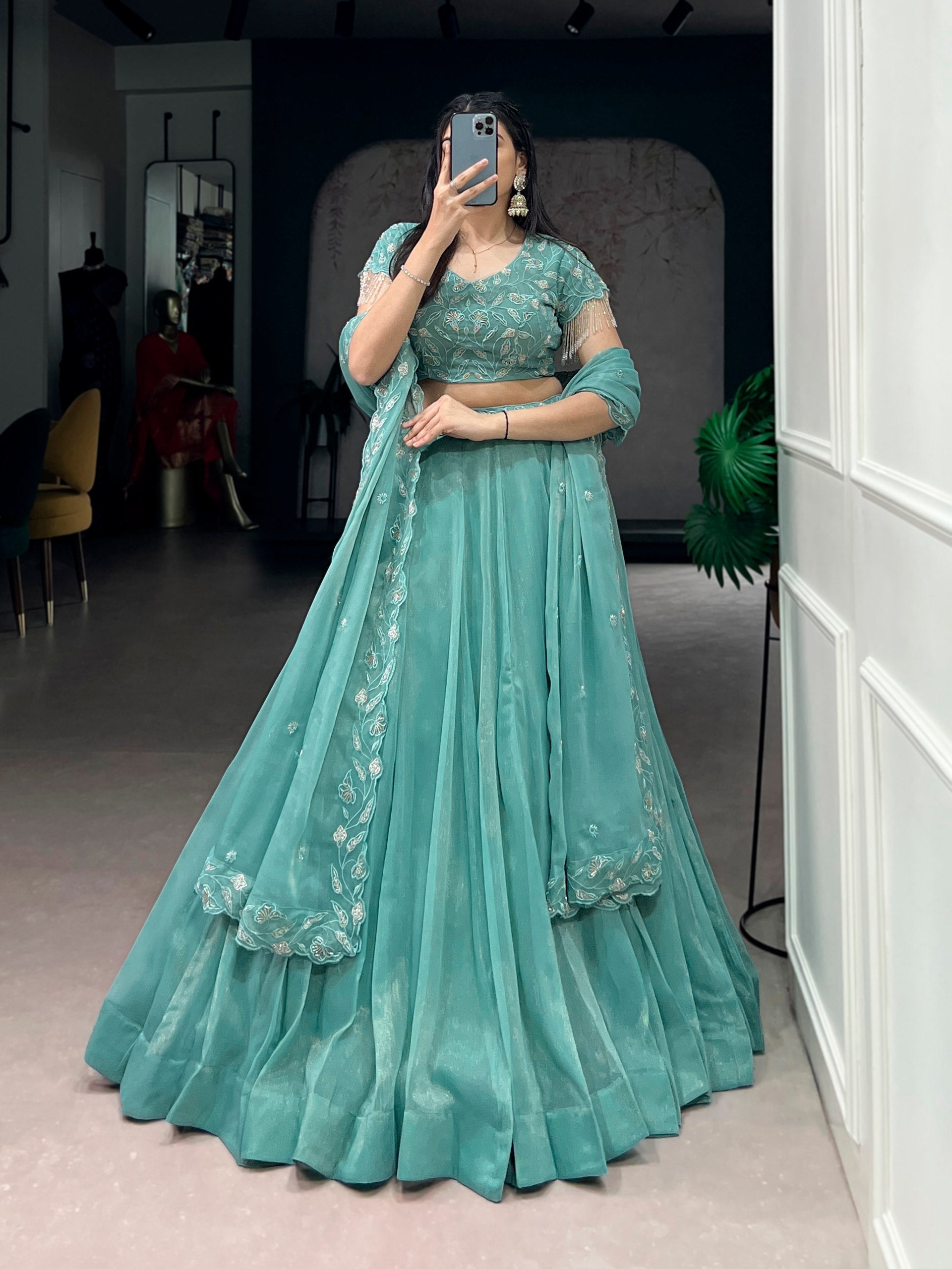 Elegant Sea Green Lehenga Choli with Embroidered Dupatta