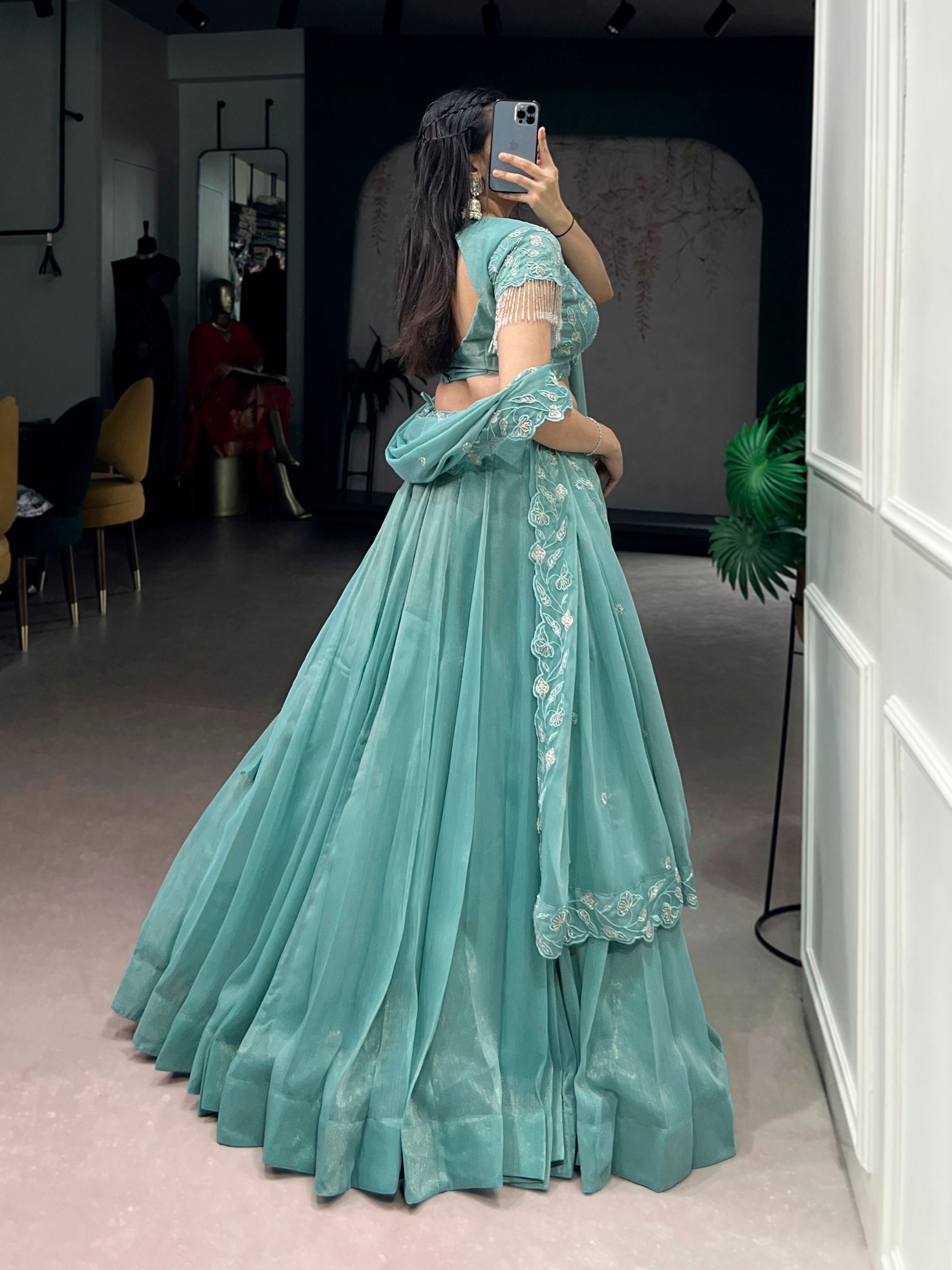 Elegant Sea Green Lehenga Choli with Embroidered Dupatta