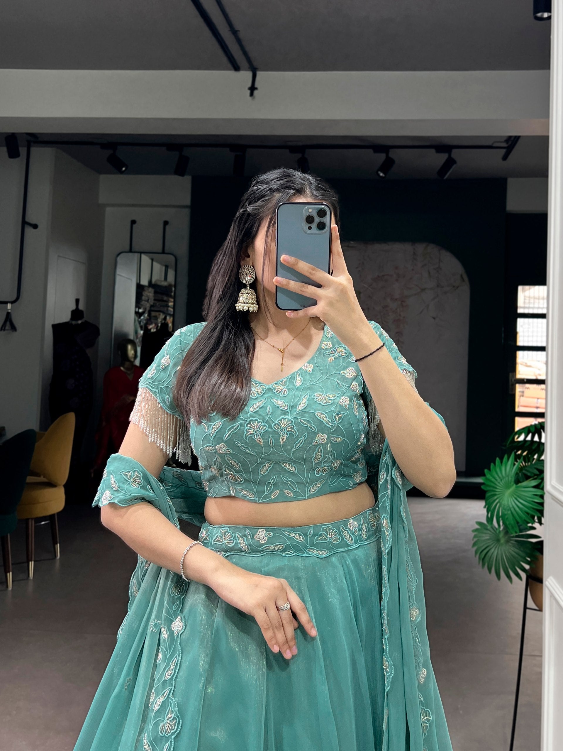 Elegant Sea Green Lehenga Choli with Embroidered Dupatta