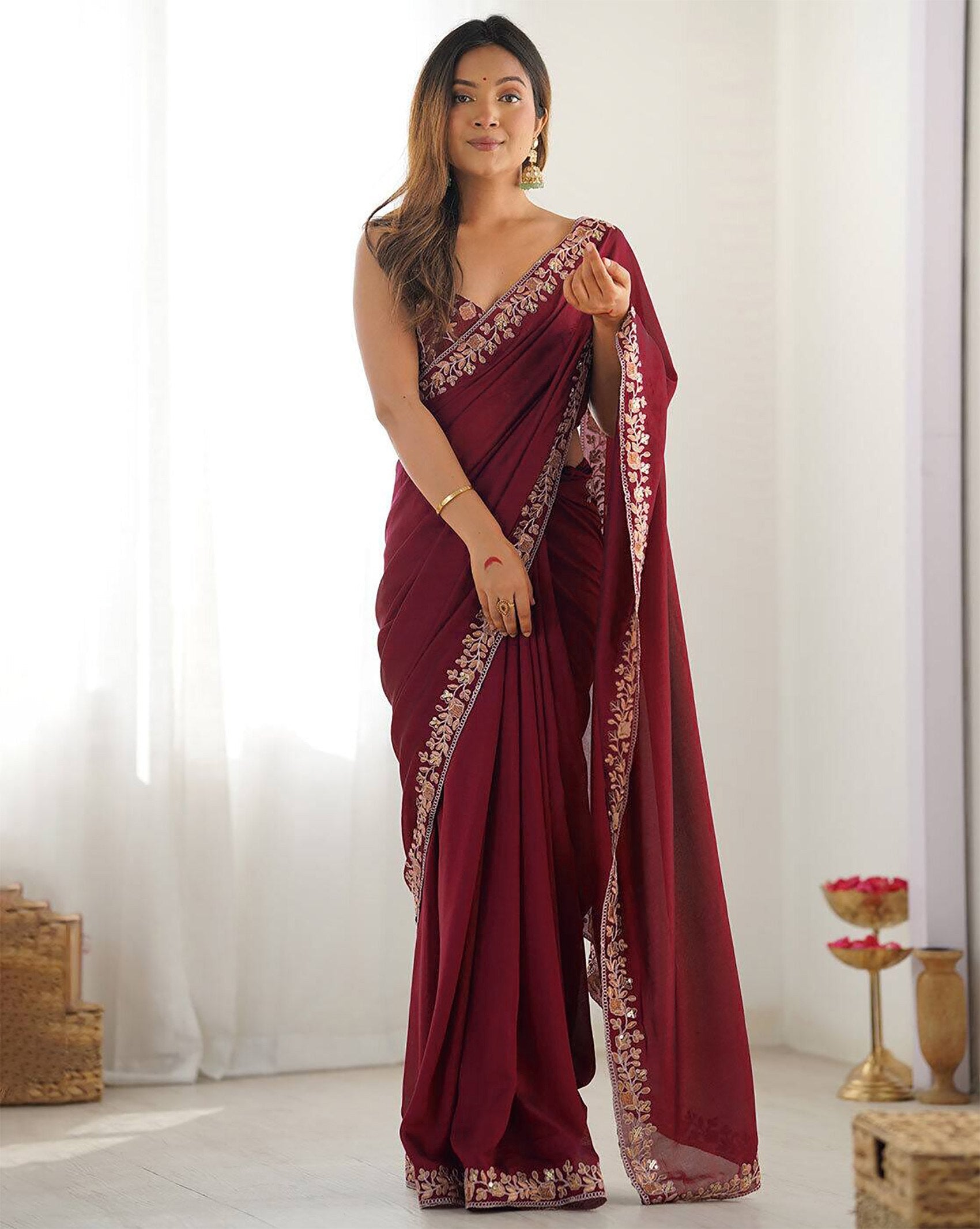 Classic Maroon Saree with Embroidery Border – Timeless Look