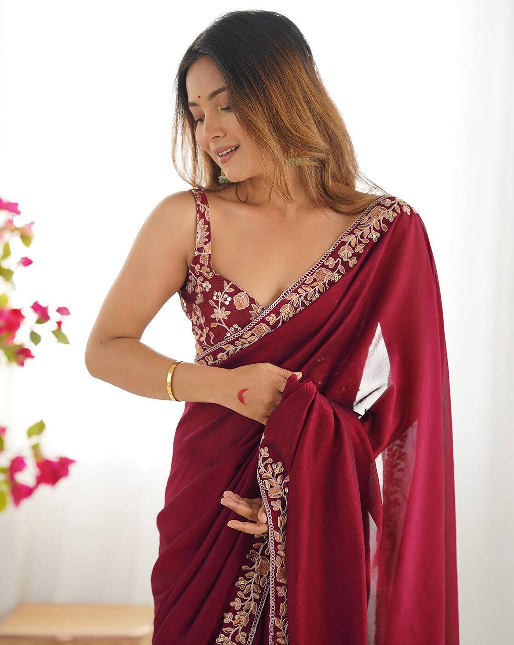 Classic Maroon Saree with Embroidery Border – Timeless Look