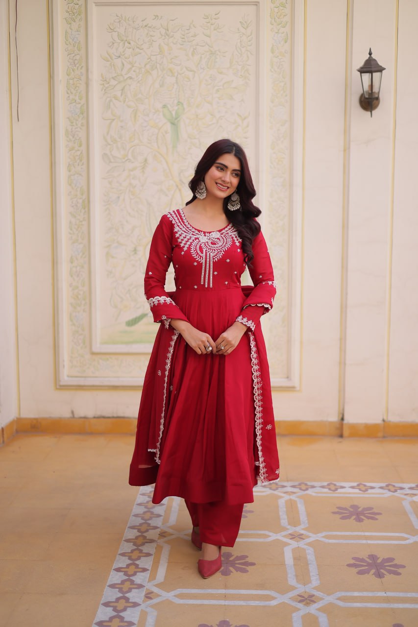 Red Embroidered Anarkali Kurti Set for Women | Designer Ethnic Festive & Party Wear Suit